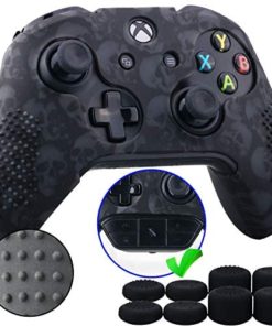 9CDeer Studded Protective Customize Transfer Printing Silicone Cover Skin Sleeve Case + 8 Thumb Grips Analog Caps for Xbox One/S/X Controller Skull Black Compatible with Official Stereo Headset
