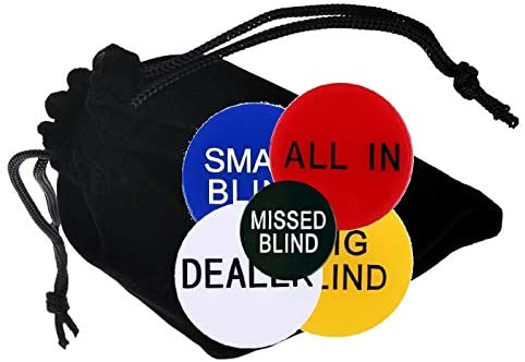 Cyber-Deals Texas Hold'em 5pc Button Set (2" Dealer, 2" All in, 2" Small Blind, 2" Big Blind, 1.2" Missed Blind) with Black Velvet Pouch
