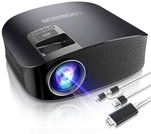 Mini Projector,LoongSon Portable Video Projector Full HD 1080P Supported for Home Theater Movie Projector with 30,000 Hours LED, Compatible with TV Stick, HDMI, VGA, USB, SD,AV,PS4,Laptop (Black)