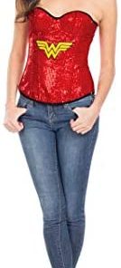 Secret Wishes DC Comics Justice League Superhero Style Adult Corset Top with Logo Sequined Wonder Woman, Red, Large